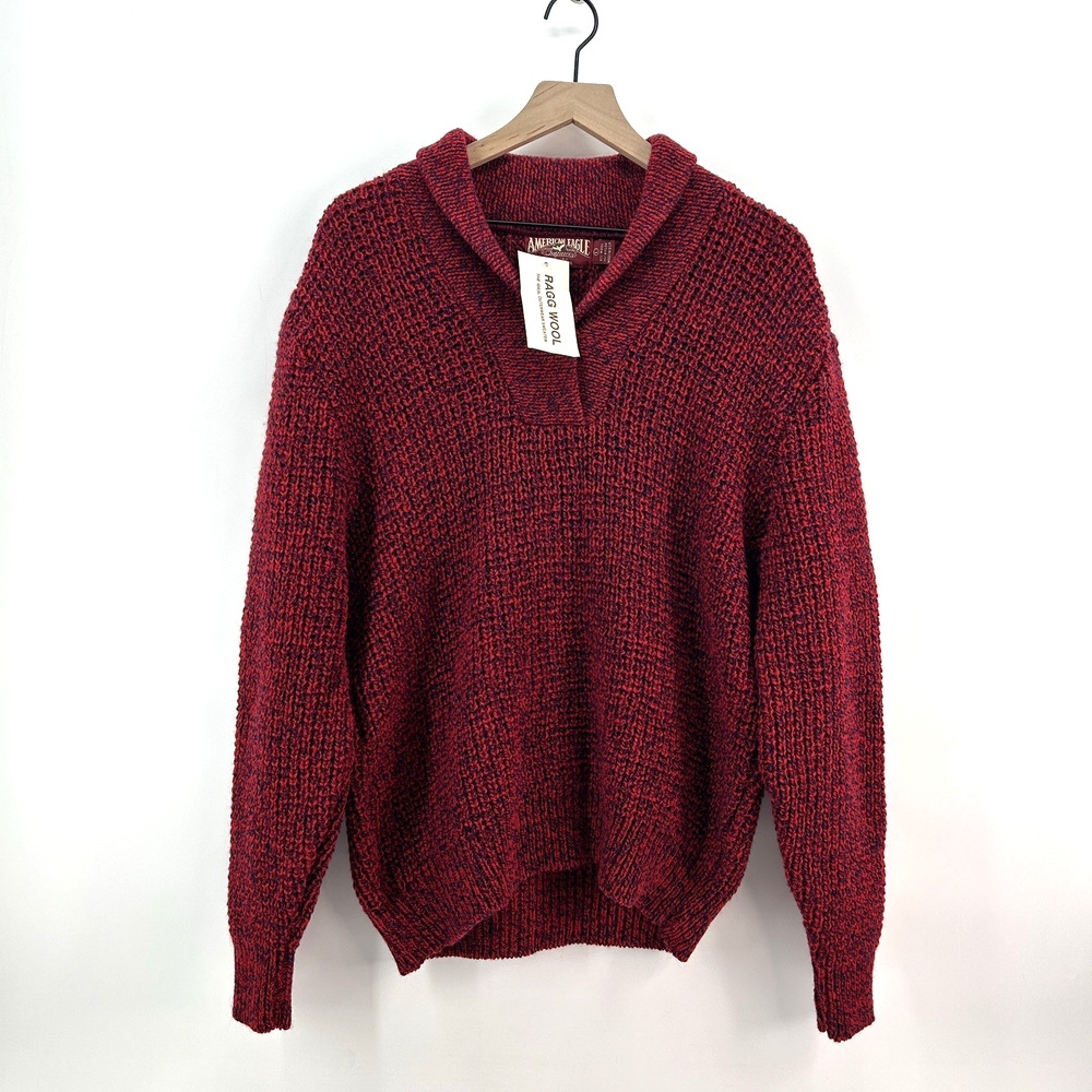 NWT VTG American Eagle Chunky Sweater L Red Wool Shawl‎ Americana Cabin 80s USA
